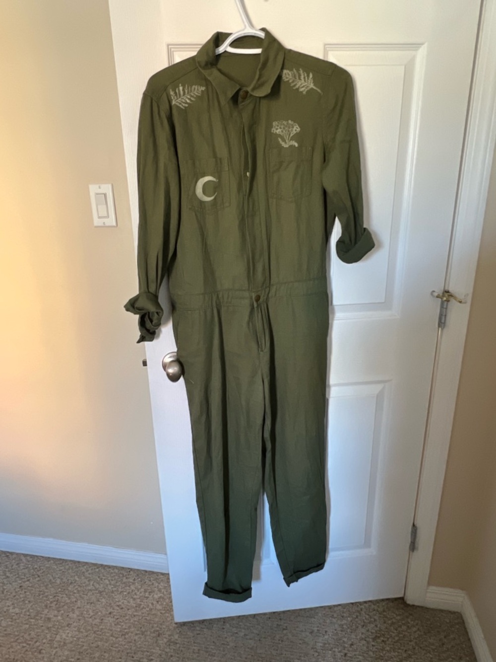 One of a kind hand screen printed jumpsuit army green women’s size small medium